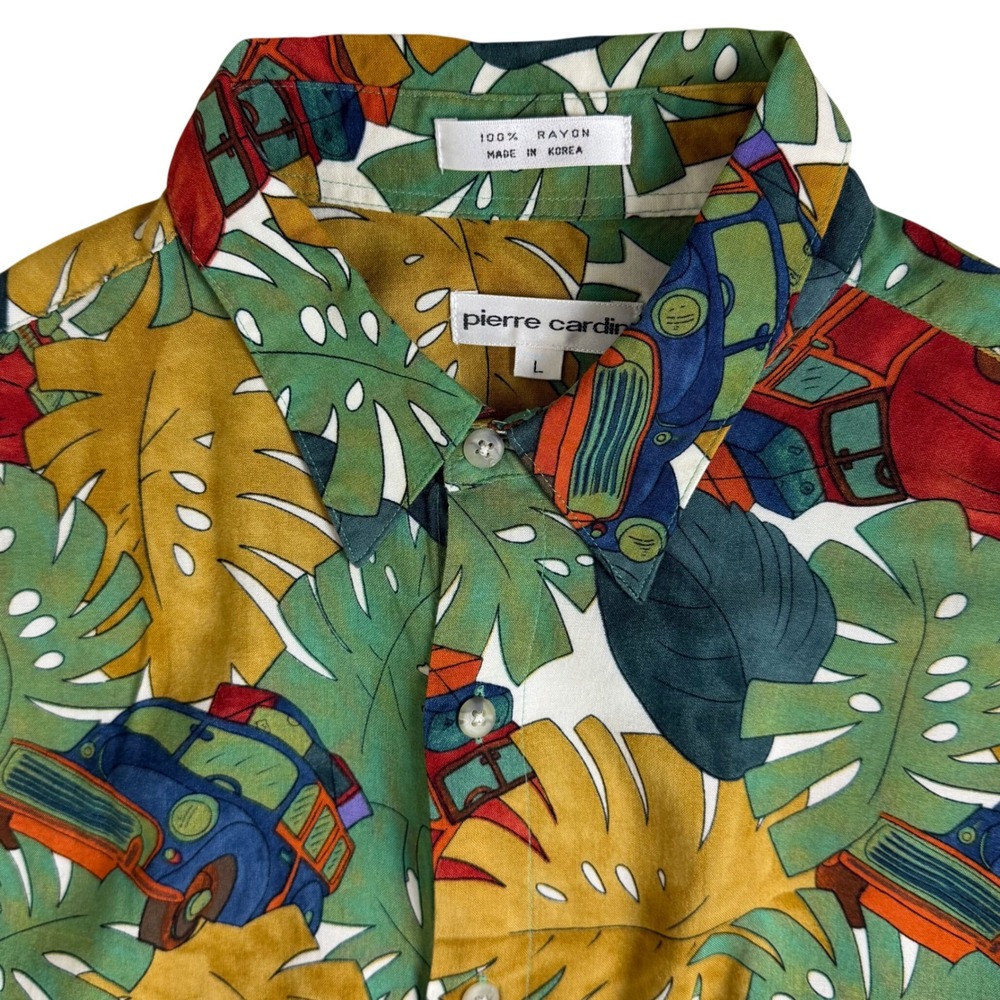 Pierre Cardin Button Up Shirt Mens L Green Tropical Woody Wagon Rayon Aloha